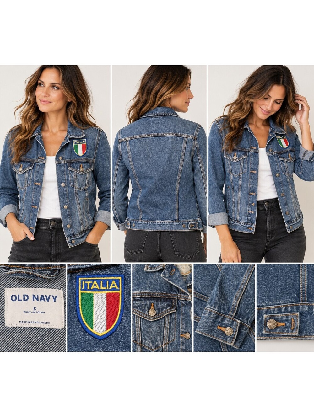 Old Navy Denim Jean Jacket S Italia Italian Flag Patch Trucker